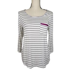 Papermoon 3/4 Sleeve Striped T Shirt, White/Black/Purple, Medium